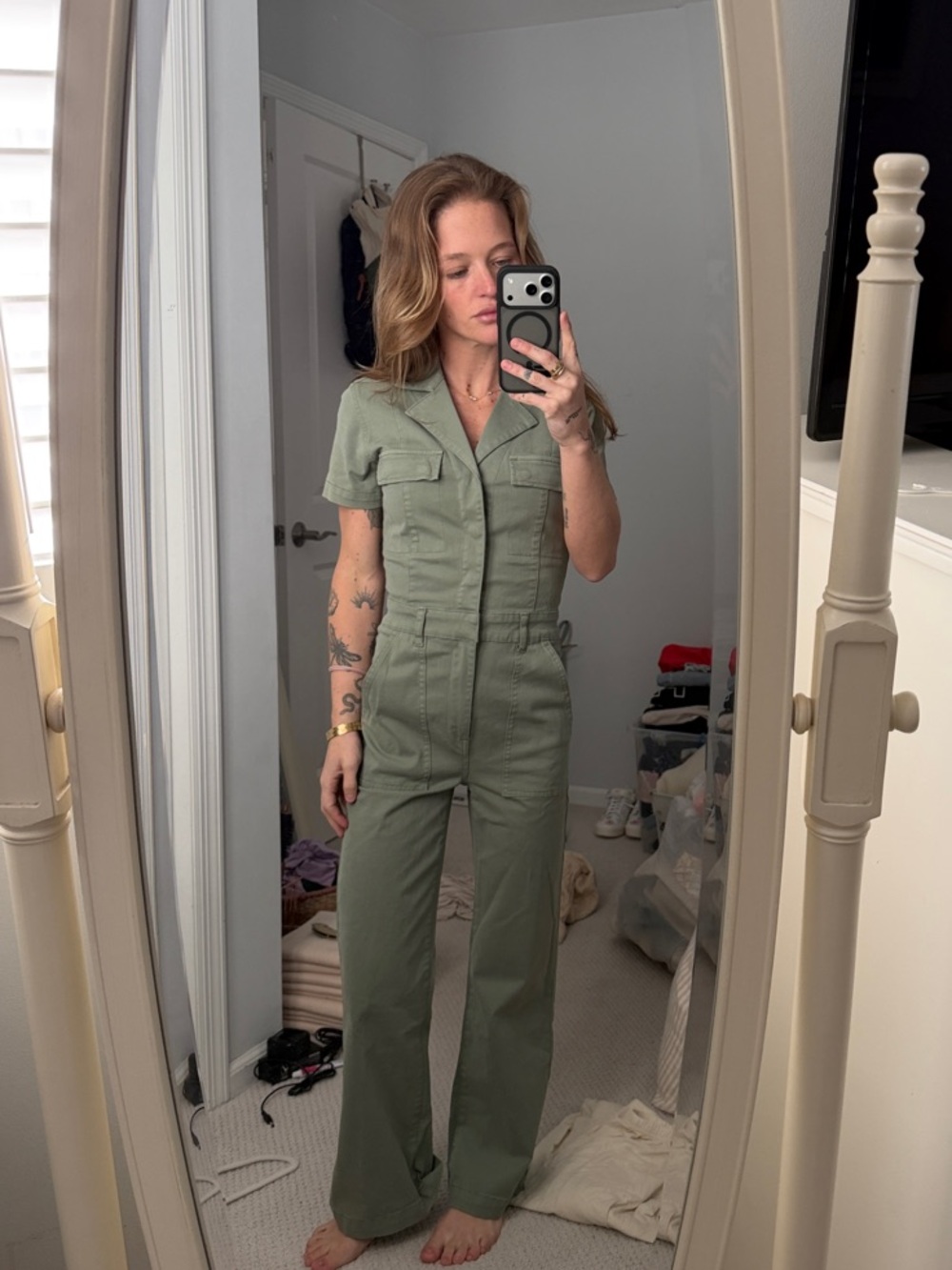 Pistols Utility Short-Sleeve Jumpsuit in Olive Green
